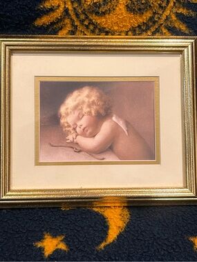 VTG 90s Celestial Sleeping Cherub Angel Framed Print Cupid Caught Napping Decor